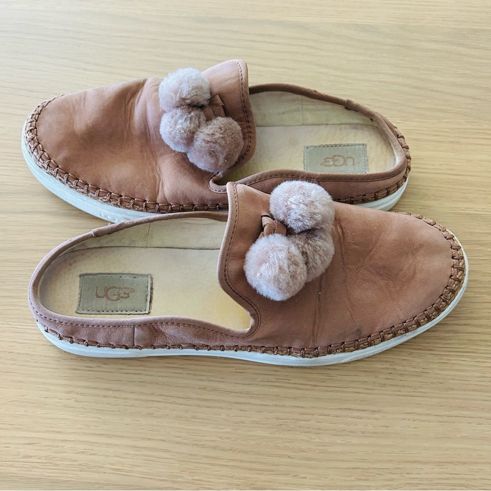 UGG Tan Slip-On Loafers with Pom Poms